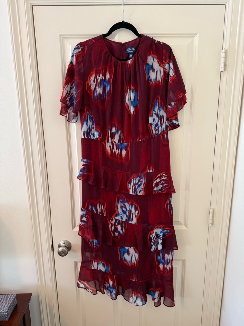 Burgundy Floral Tiered Midi Dress with Blue Accents